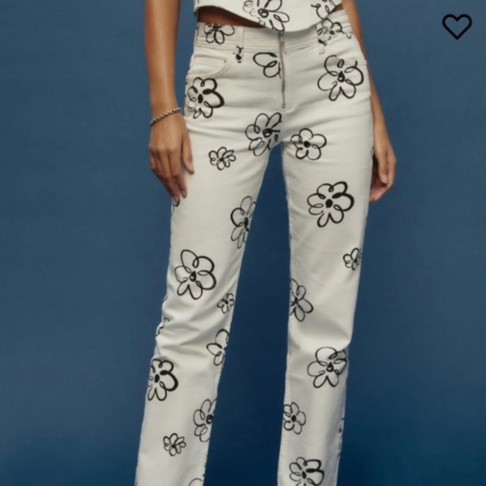 Reformation Black and White Floral Straight Leg Jeans - Juliana Mid Zip size 27